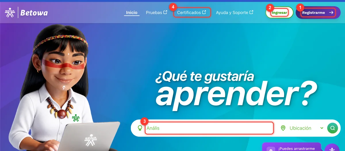 Página de inicio de Betowa, el portal oficial de inscripciones del SENA, con los botones Registrarme e Ingresar