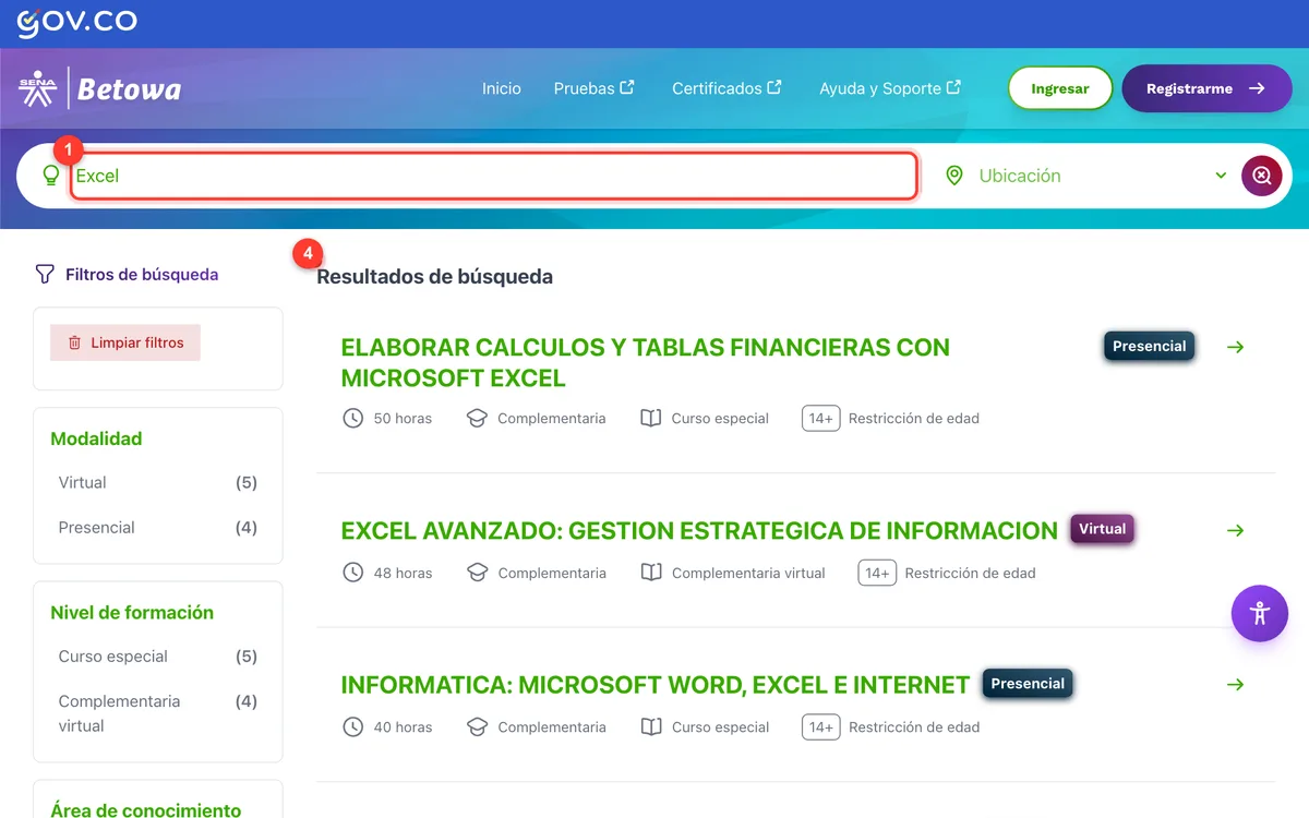 Buscador de programas de Betowa con resultados de cursos de Excel y filtros por modalidad