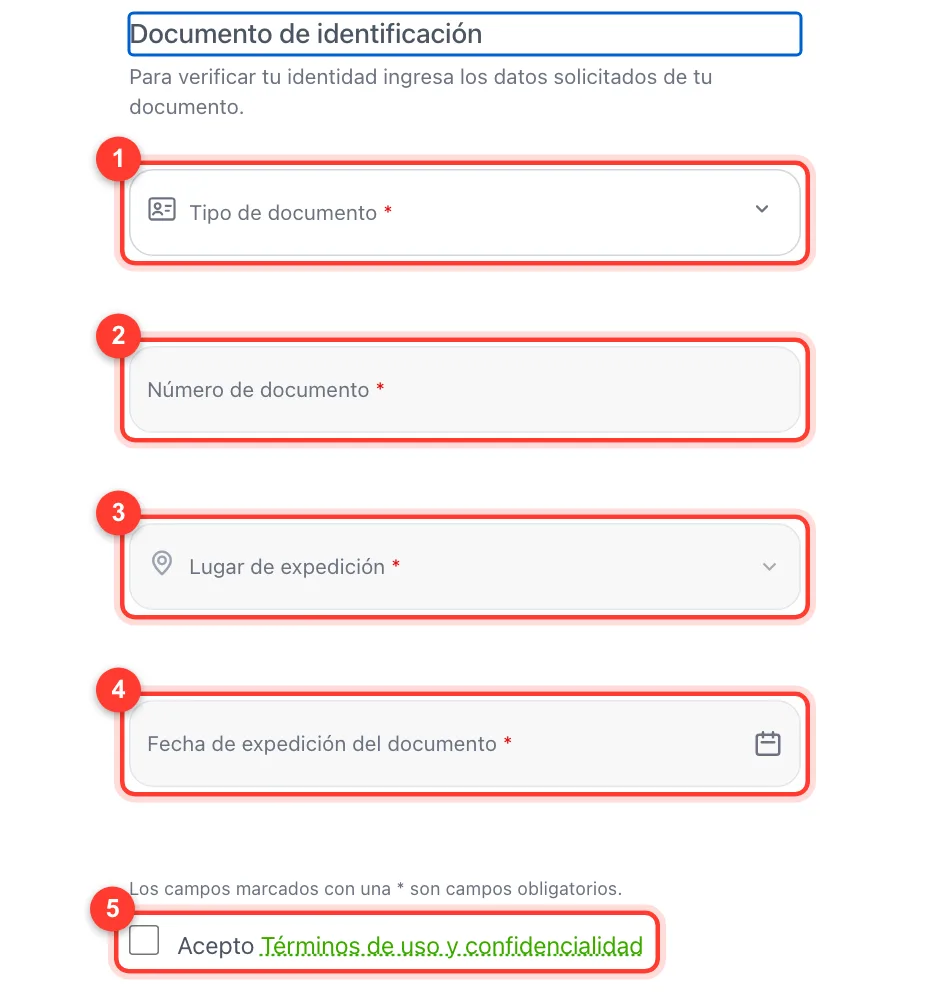 Formulario de registro en Betowa: tipo y número de documento, lugar y fecha de expedición