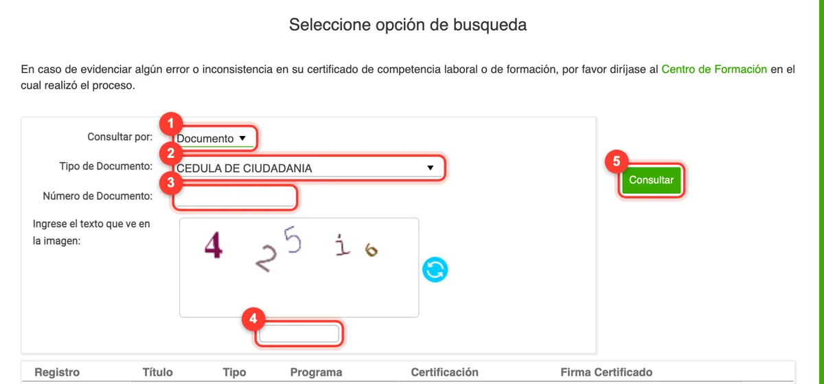 Formulario de consulta de certificados SENA en certificados.sena.edu.co con los pasos numerados