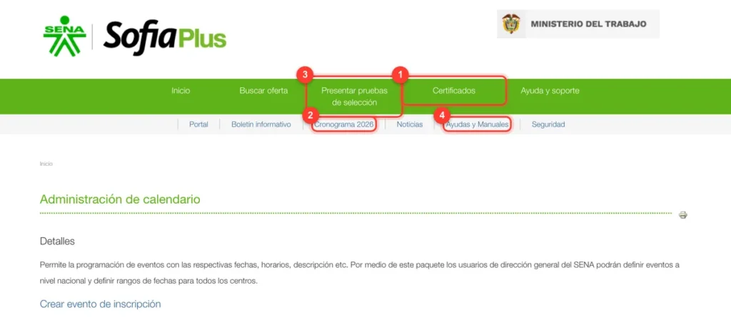 Portal SOFIA Plus del SENA con los menús Certificados, Cronograma y Presentar pruebas