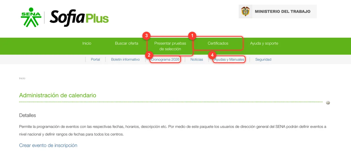 Portal SOFIA Plus del SENA con los menús Certificados, Cronograma y Presentar pruebas