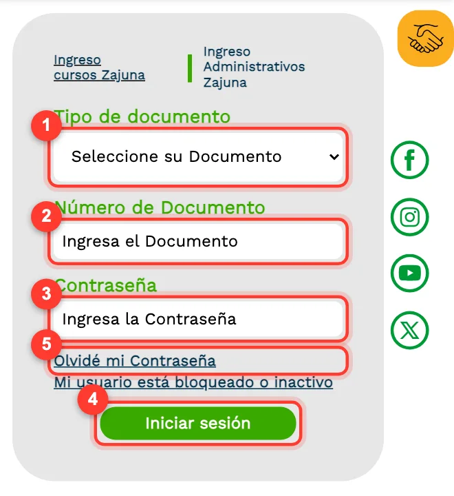 Formulario de ingreso a Zajuna, la plataforma virtual del SENA