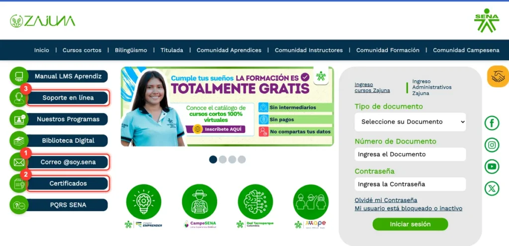 Menú de Zajuna con accesos a Correo @soy.sena, Certificados y Soporte en línea