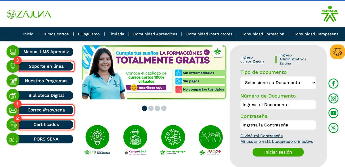 Menú de Zajuna con accesos a Correo @soy.sena, Certificados y Soporte en línea